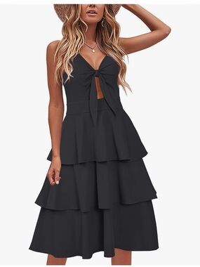 Resort Wear Black Tiered Midi Dress with Front Tie